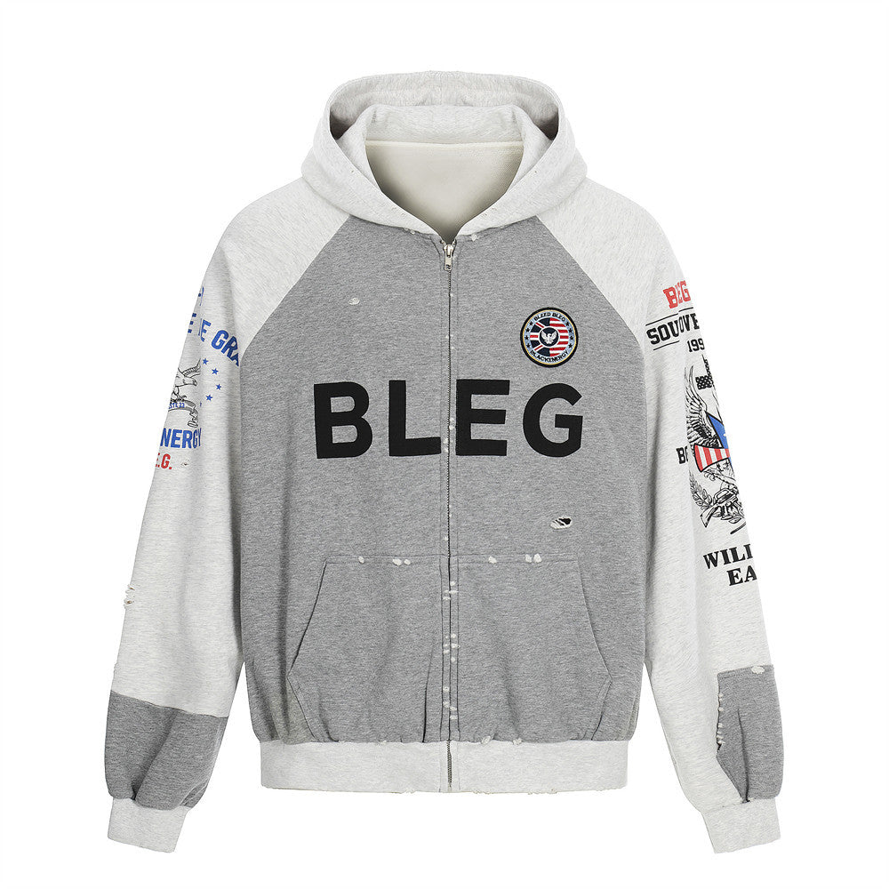 Color blocked letter hooded cardigan sweatshirt