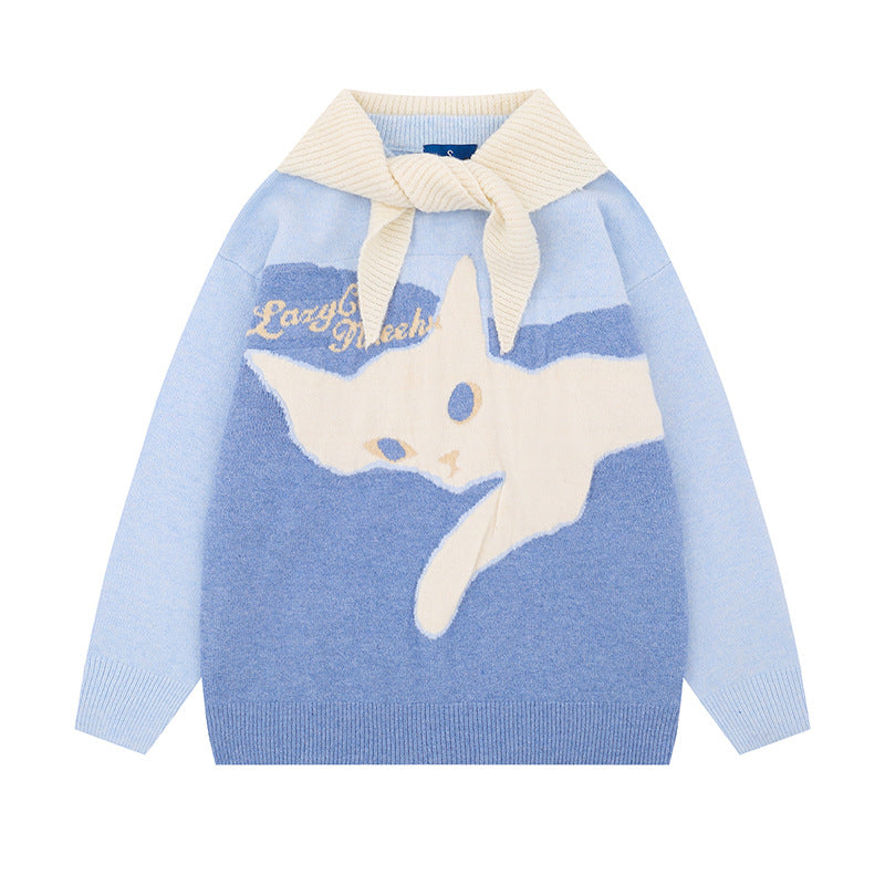Cute Cat Shawl Knit Sweater Women Loose Lazy Style Top
