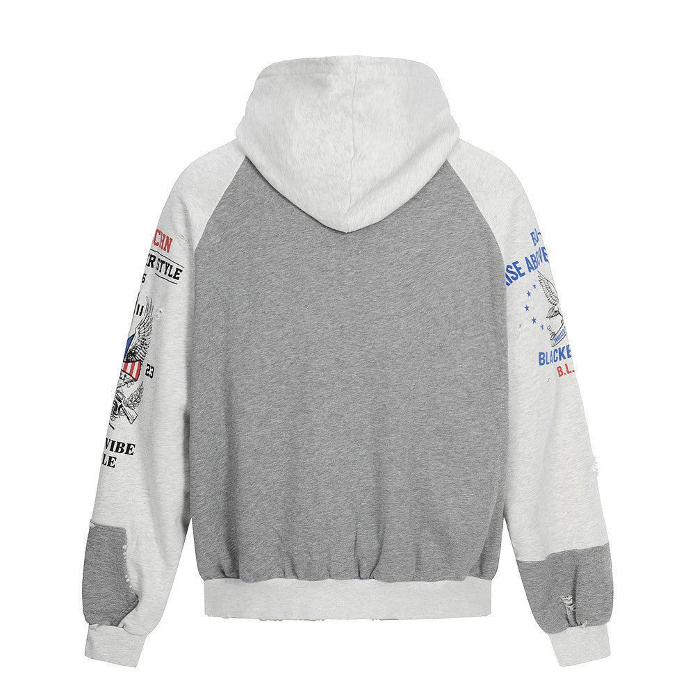 Color blocked letter hooded cardigan sweatshirt