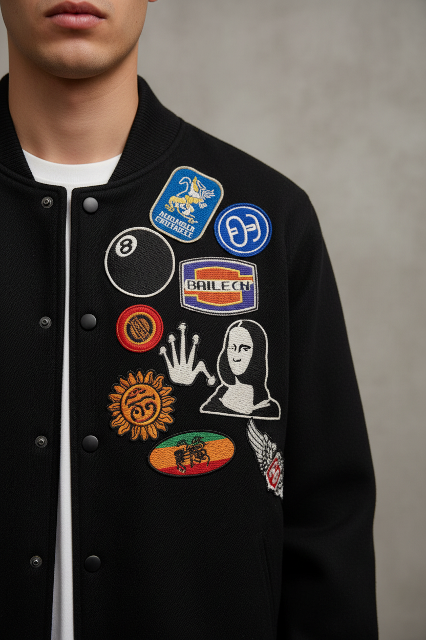 Close-up detail shot of baseball jacket showing badge patches and embroidery