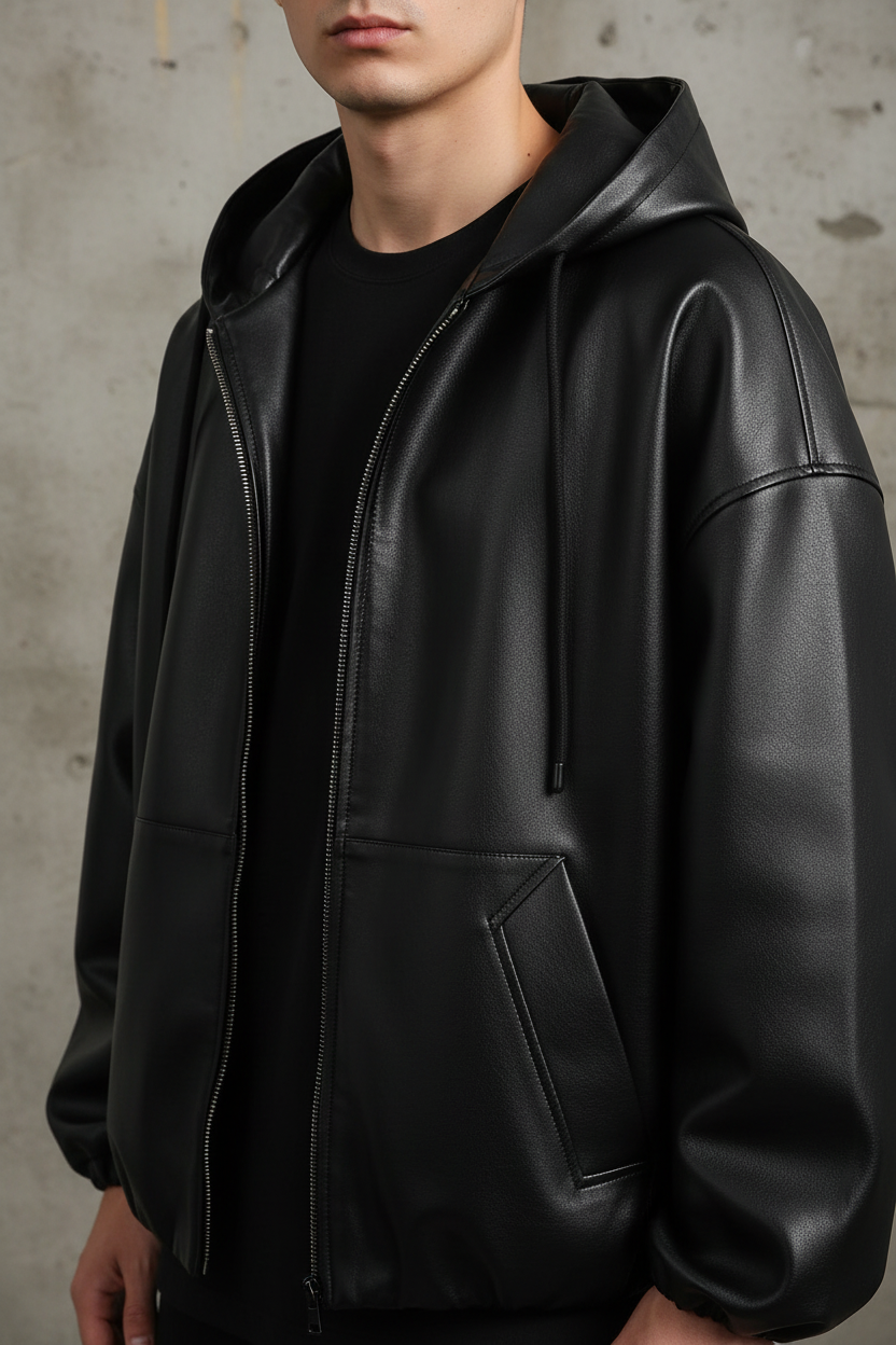 Close-up detail shot of hooded leather jacket showing construction and quality