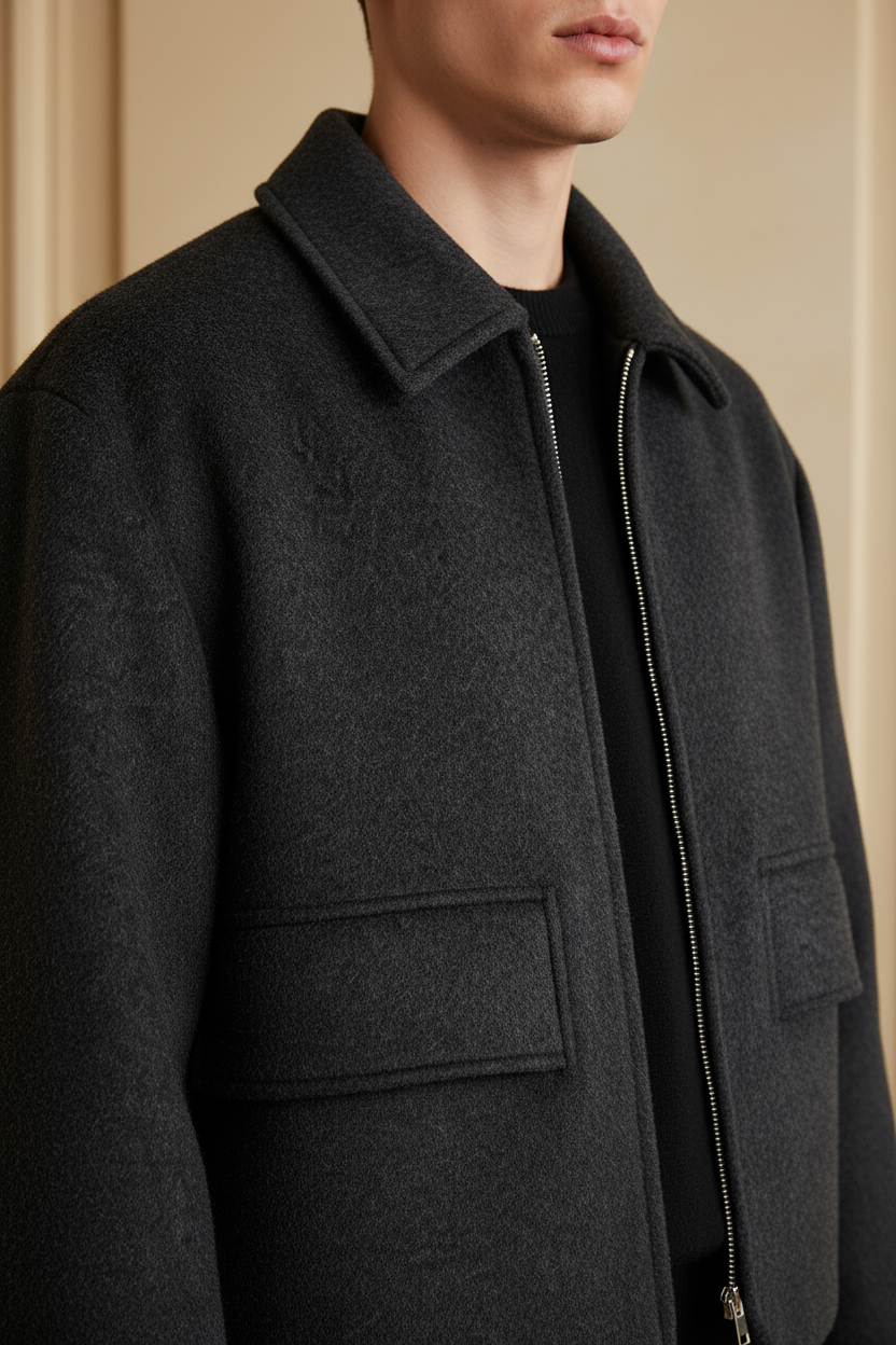 Close-up detail shot of jacket showing wool-cashmere texture and construction