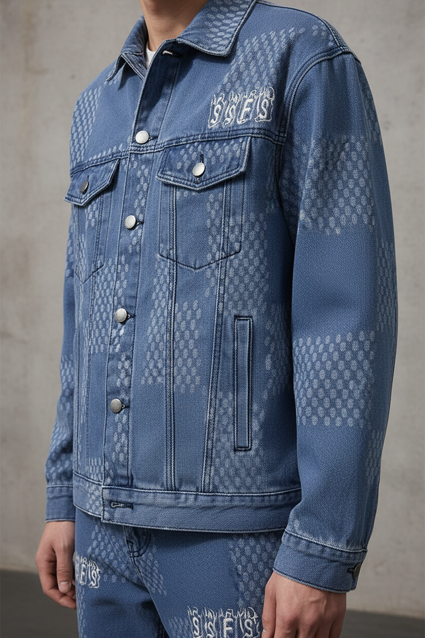 Close-up detail shot of plaid denim set showing pattern and coordination