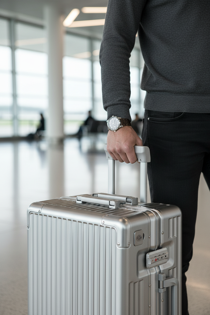 Close-up of male model's hand on aluminum suitcase handle