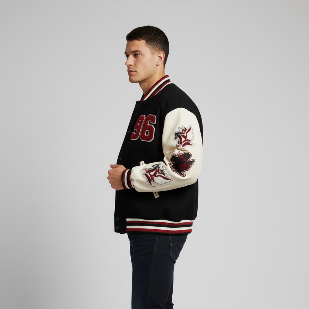 Editorial model side view wearing baseball jacket