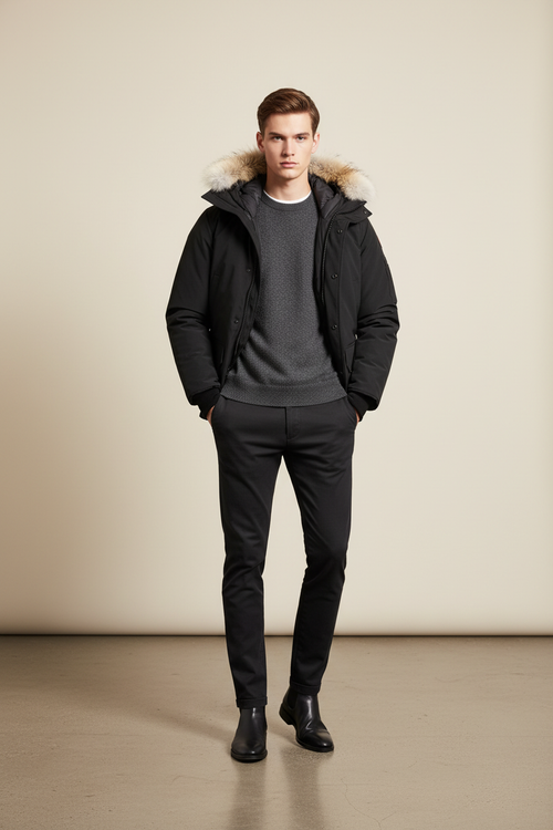 Editorial white male model wearing 650 down bomber jacket