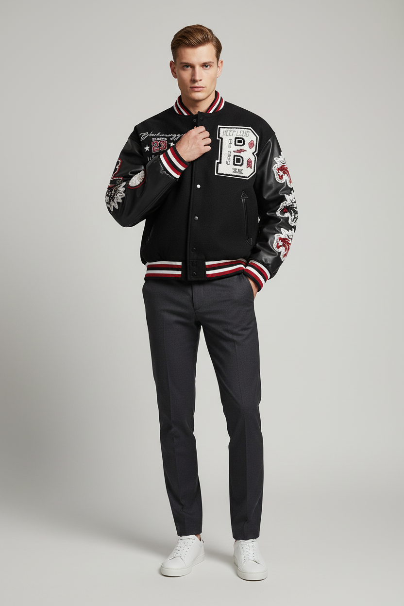 Editorial white male model wearing baseball jacket