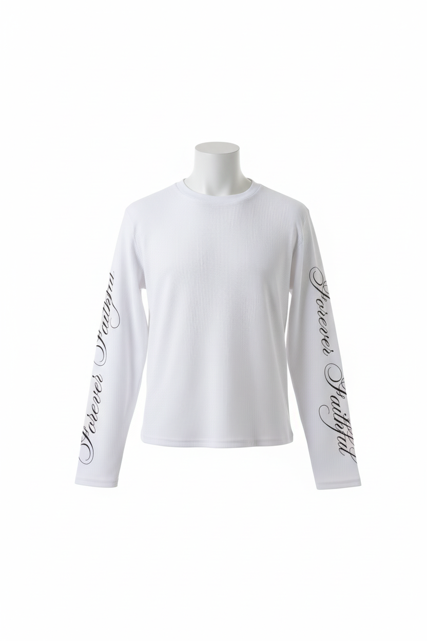 ESSENCE Long-Sleeve T-Shirt on mannequin with white background