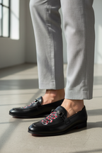 High-end detail shot of slip-on casual leather shoes