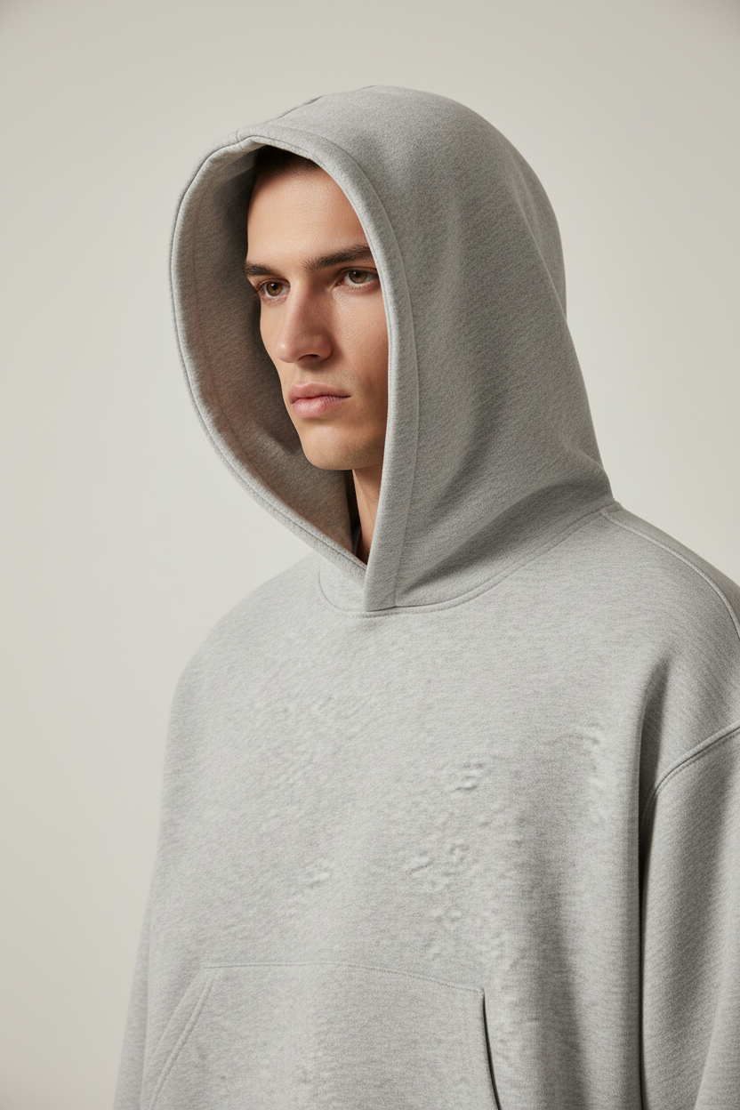 High-end portrait of male model in heavyweight silhouette hoodie