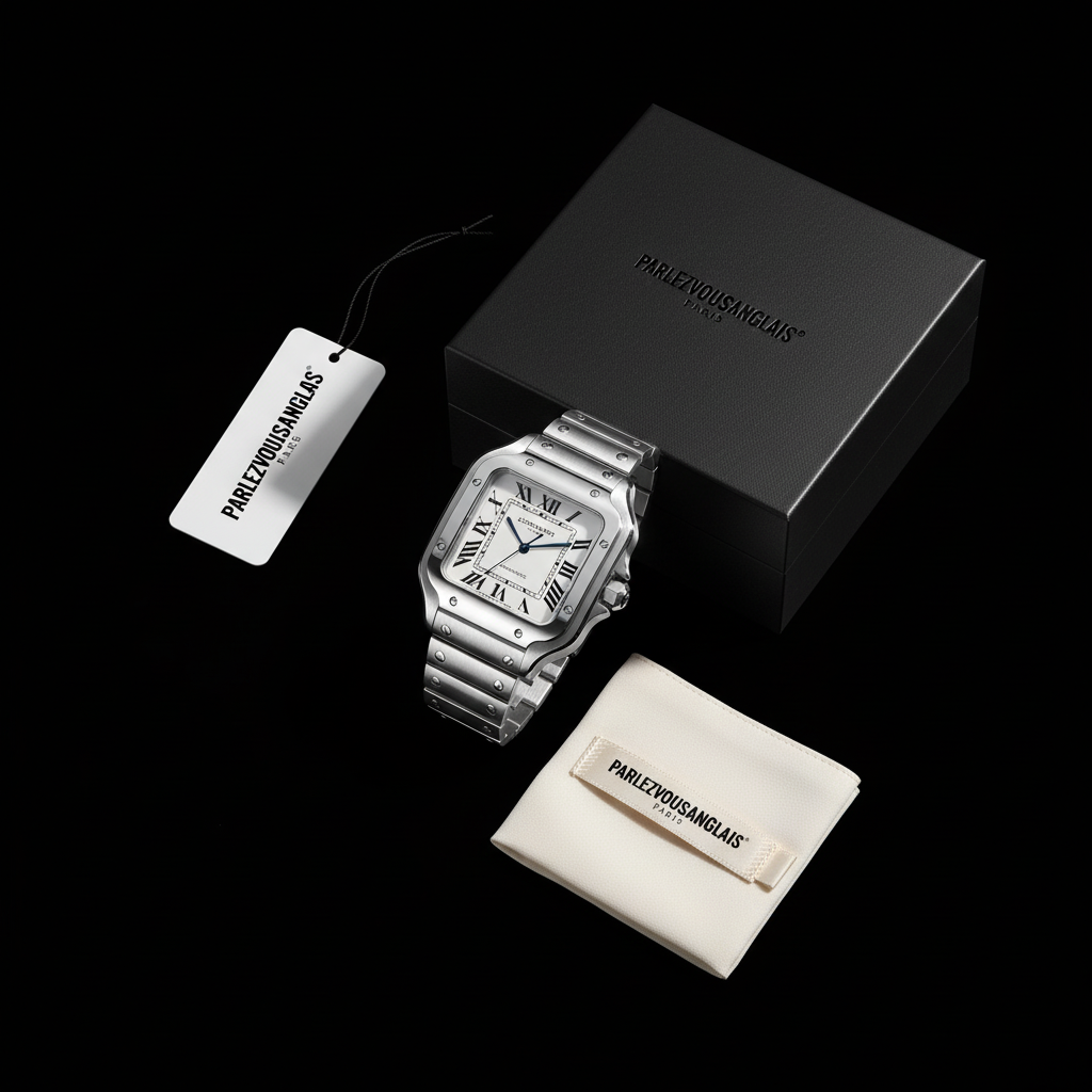 Luxury watch with PARLEZVOUSANGLAIS elements - square