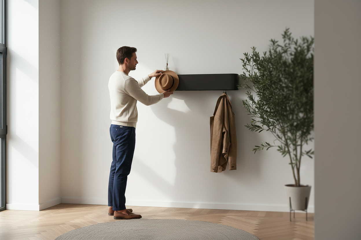 Male model at entryway with wooden storage rack