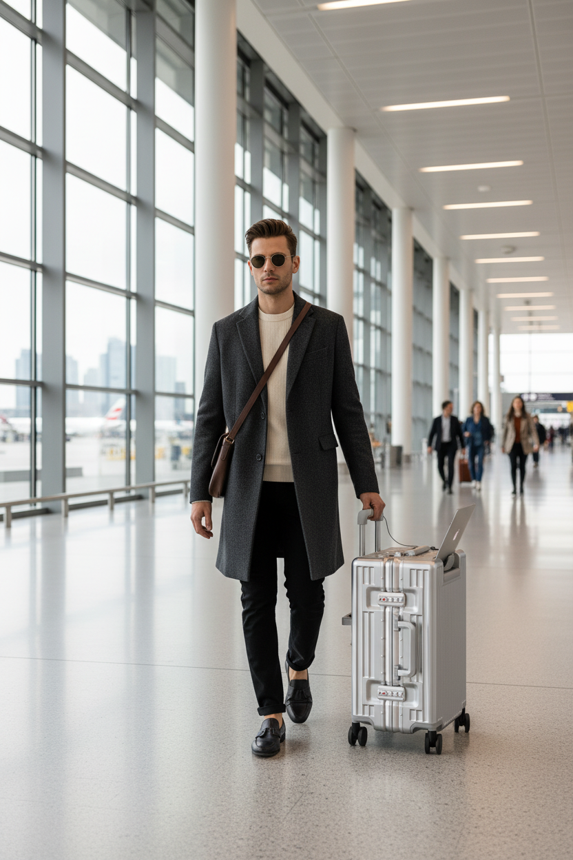 Male model walking through airport with aluminum suitcase