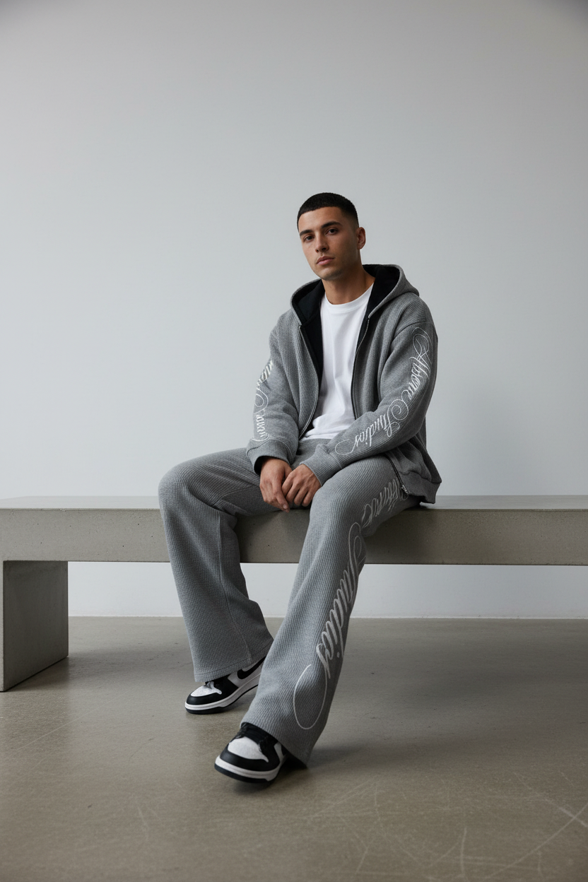 Male model wearing AMOUR Oversized Hoodie - Seated