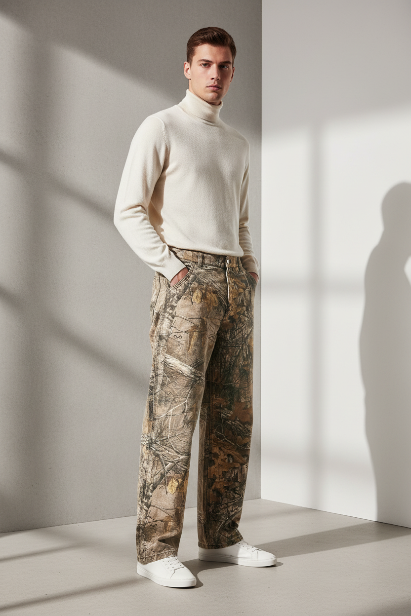 Male model wearing ATELIER Camouflage Denim Pants - editorial lifestyle