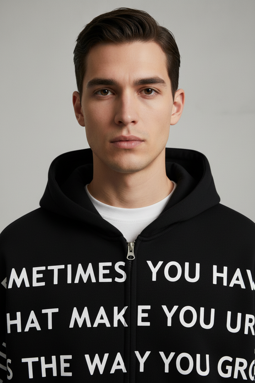 Male model wearing ATELIER Graphic Zip-Up Hoodie - Close-up