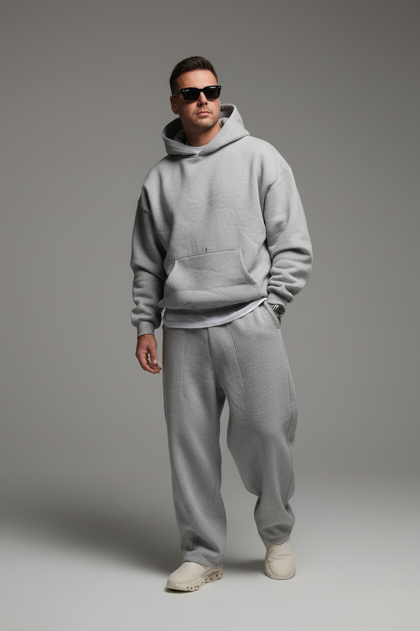 Male model wearing heavyweight double-layer short hoodie