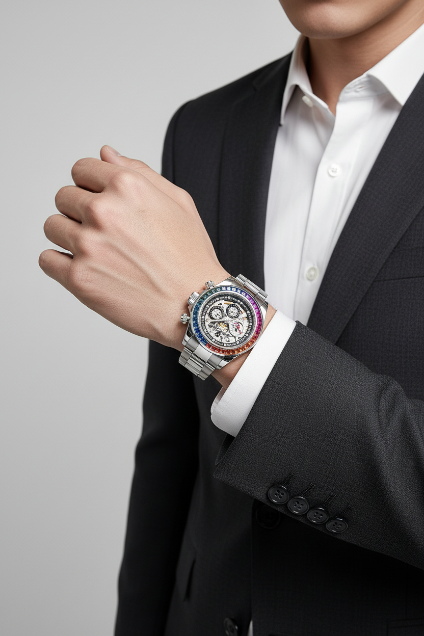 Male model wearing luxury automatic mechanical watch