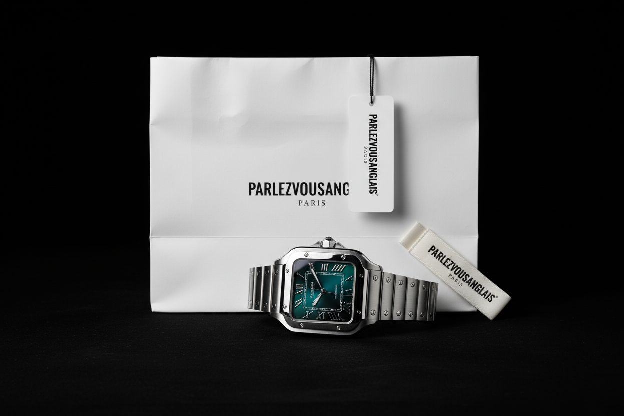 Mechanical watch with PARLEZVOUSANGLAIS packaging - landscape