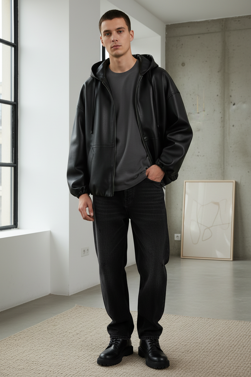 Men's Hooded Leather Jacket model image