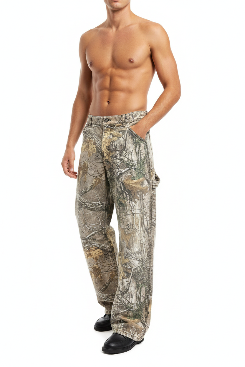 Model wearing ATELIER Camouflage Denim Pants – Washed Finish