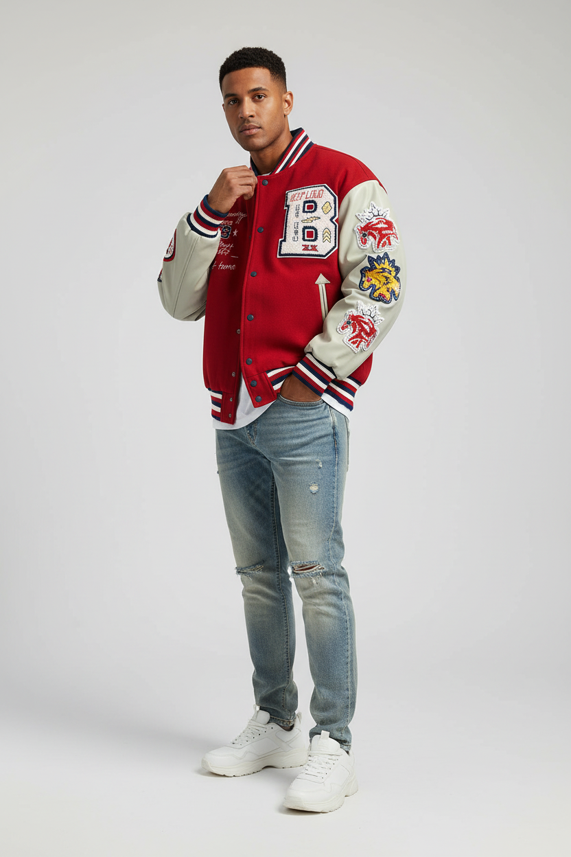 Model wearing PARISIEN Embroidered Baseball Jacket - Three-quarter view