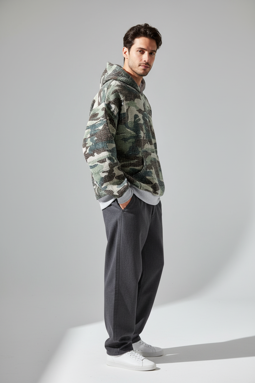 Model wearing RIVAGE Camouflage Hoodie - Side view