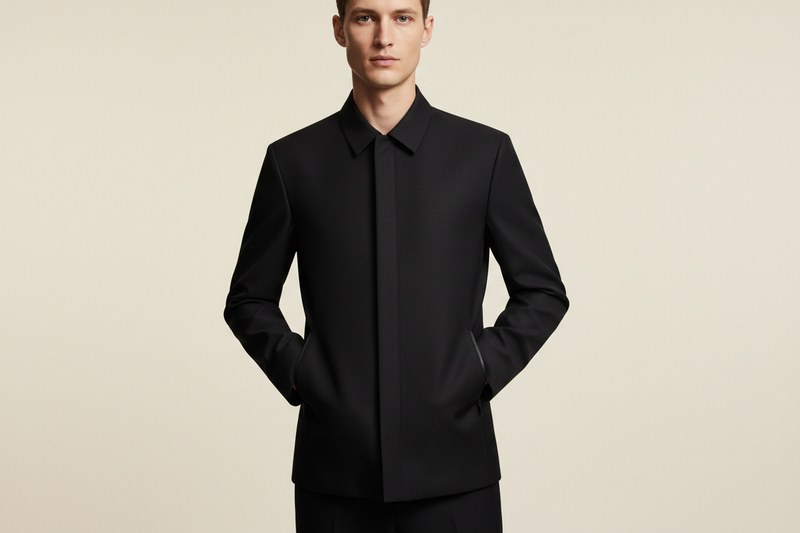 Premium hero image - Male model in minimal utility jacket on neutral background