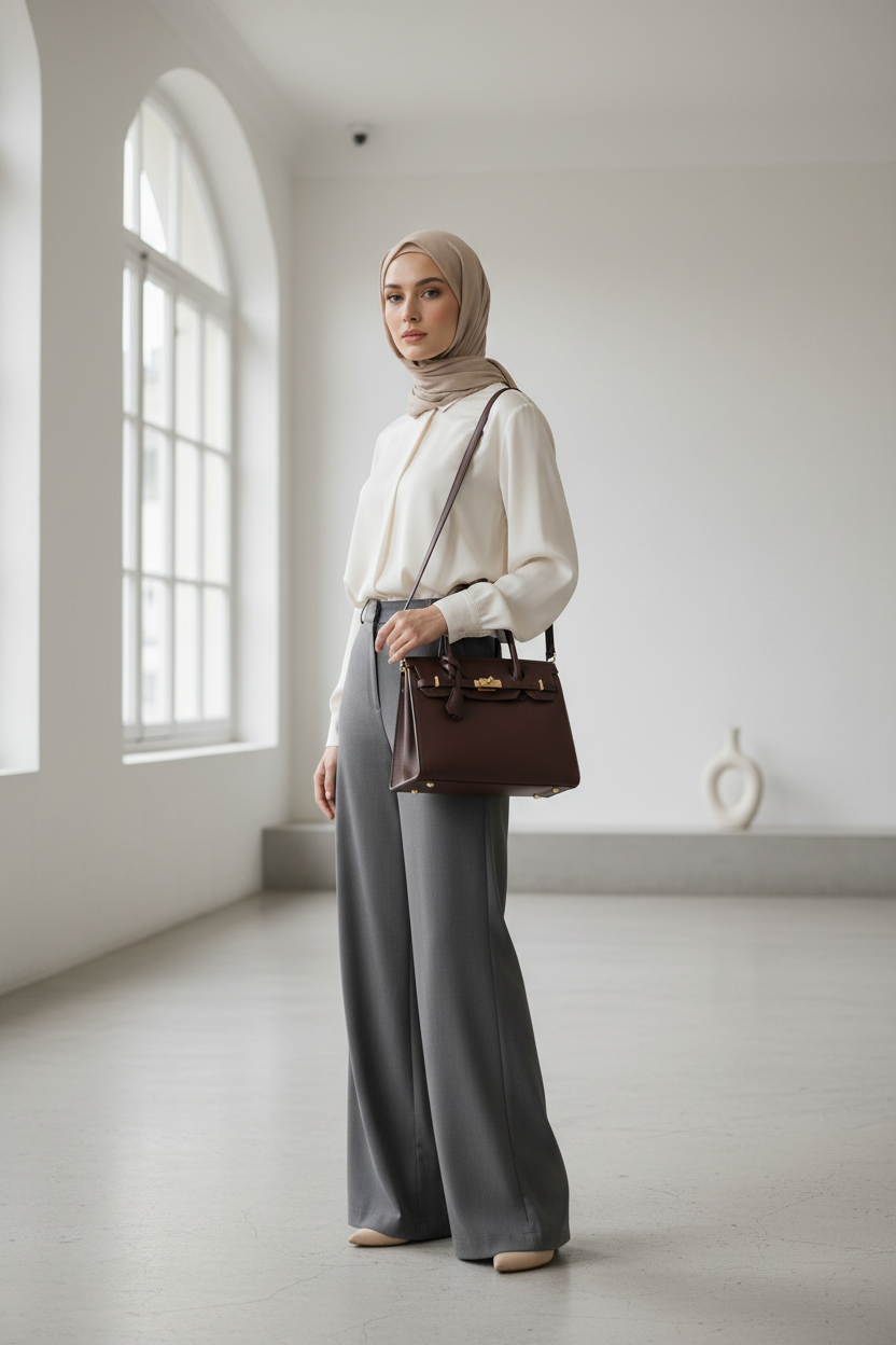 PVA SIGNATURE CROSSBODY - STRUCTURED LEATHER BAG model image - with hijab