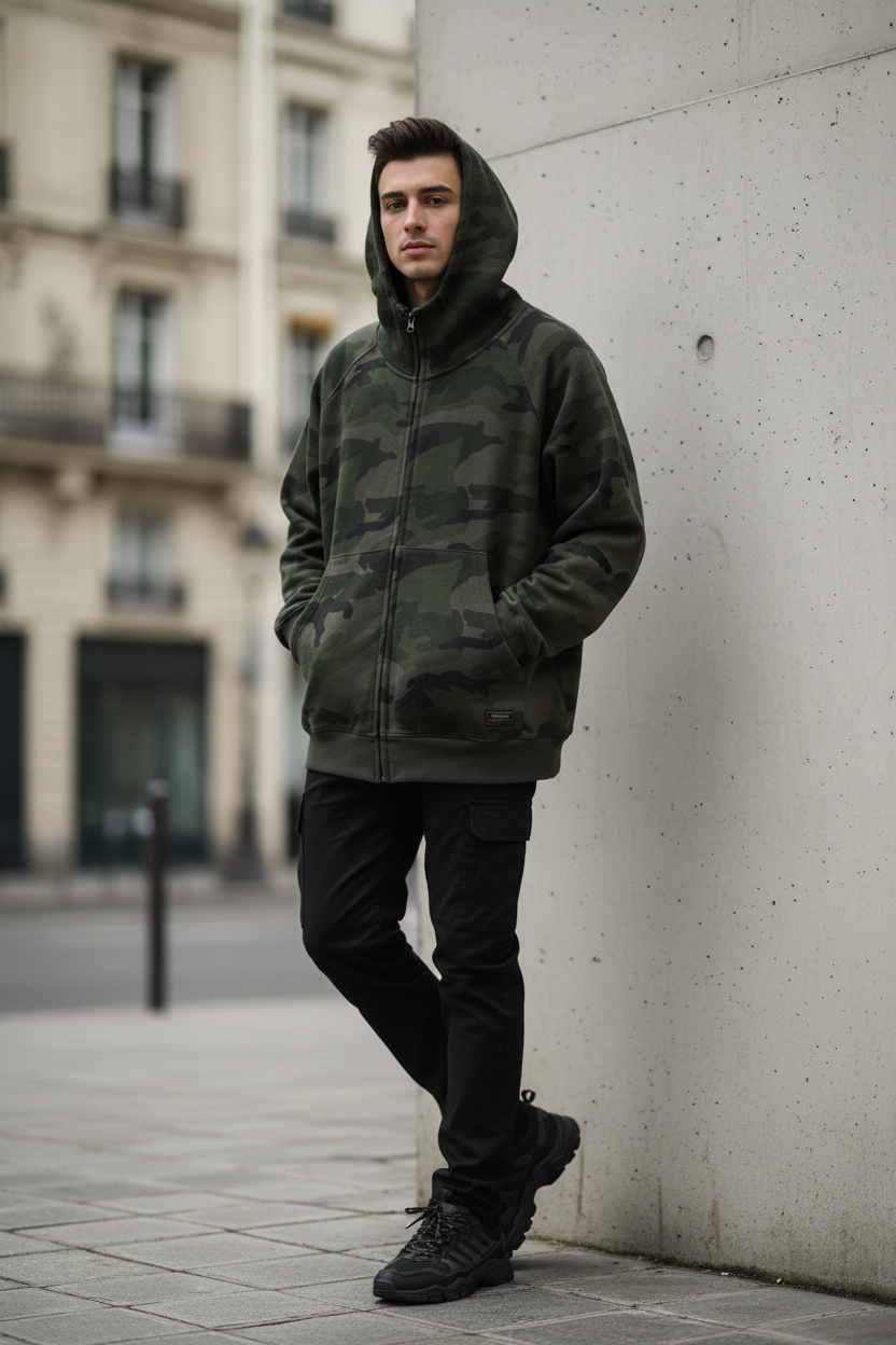 RIVAGE Camouflage Hoodie Styled
