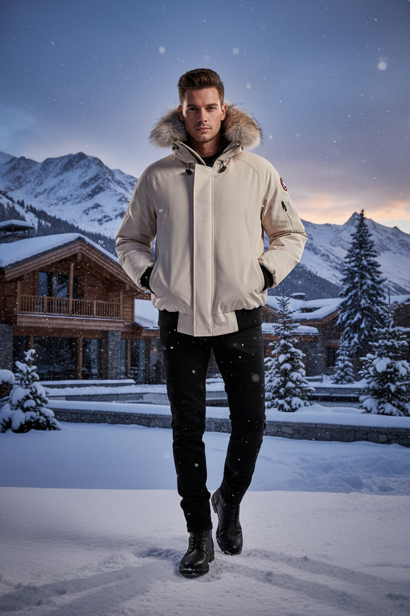 Stylish model wearing down bomber jacket in luxury winter setting